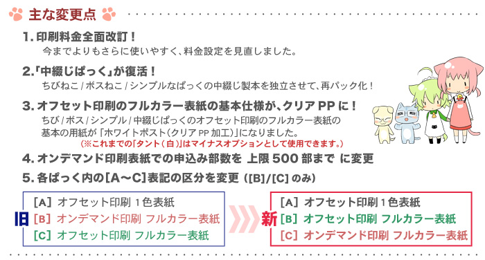 主な変更点：料金改定、中綴じぱっく独立など