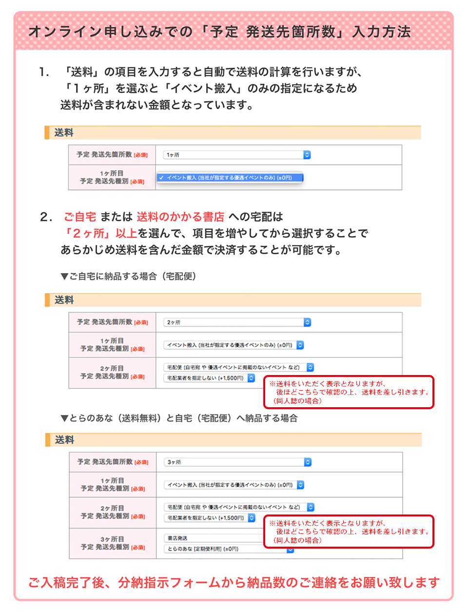 オンライン申込での発送先箇所数　入力方法