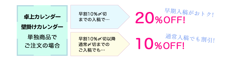 通常〆切でも10％、早割〆切なら20％引き！