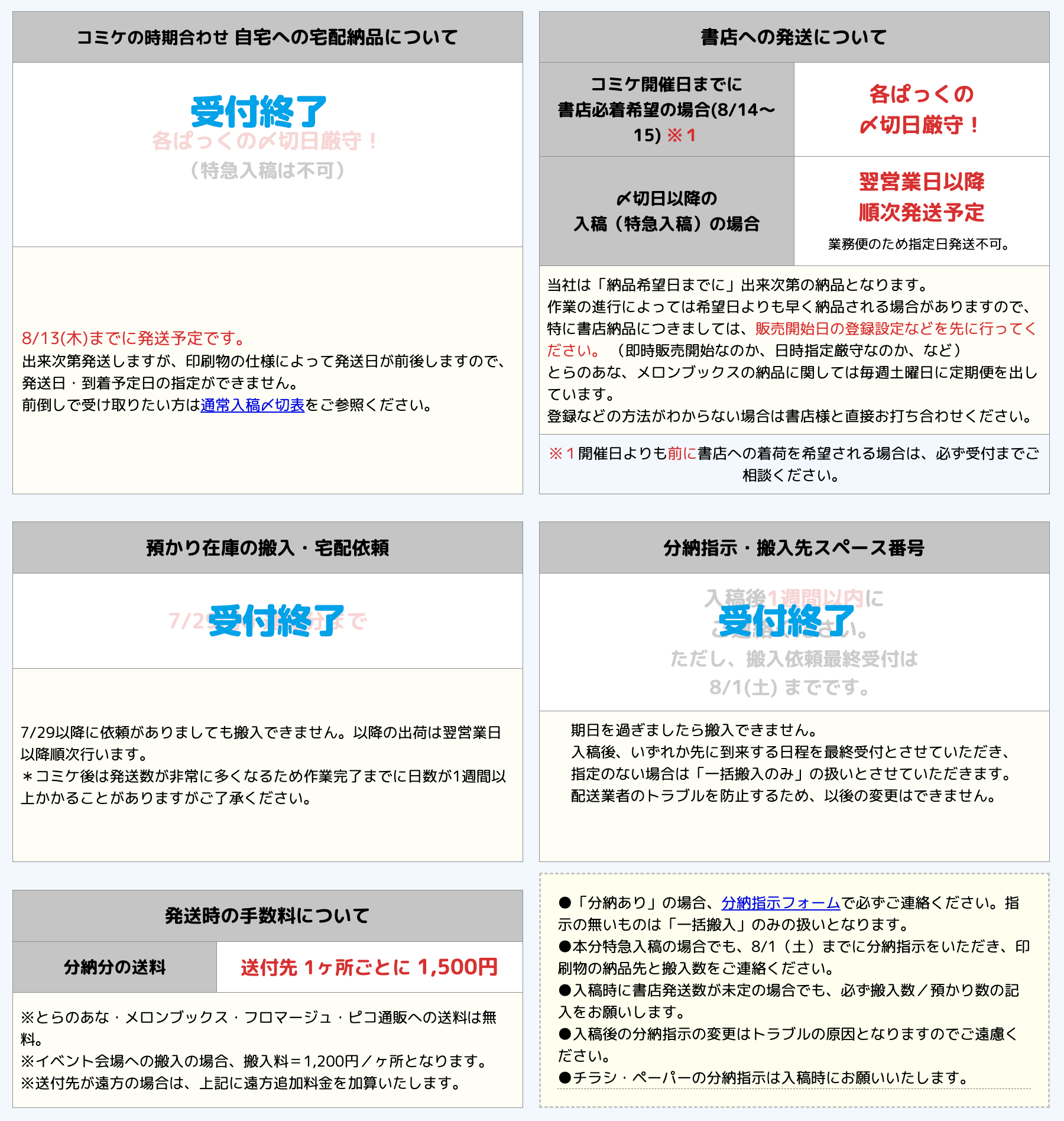 コミケ搬入・書店発送・自宅宅配の分納指示について